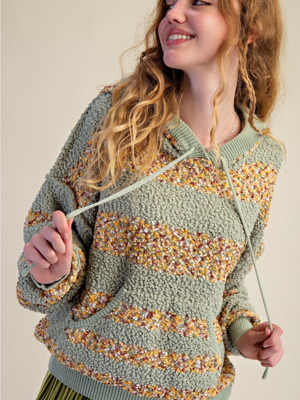 334. EASEL Sage Green Cowl-Neck Speckled Stripe Sweater